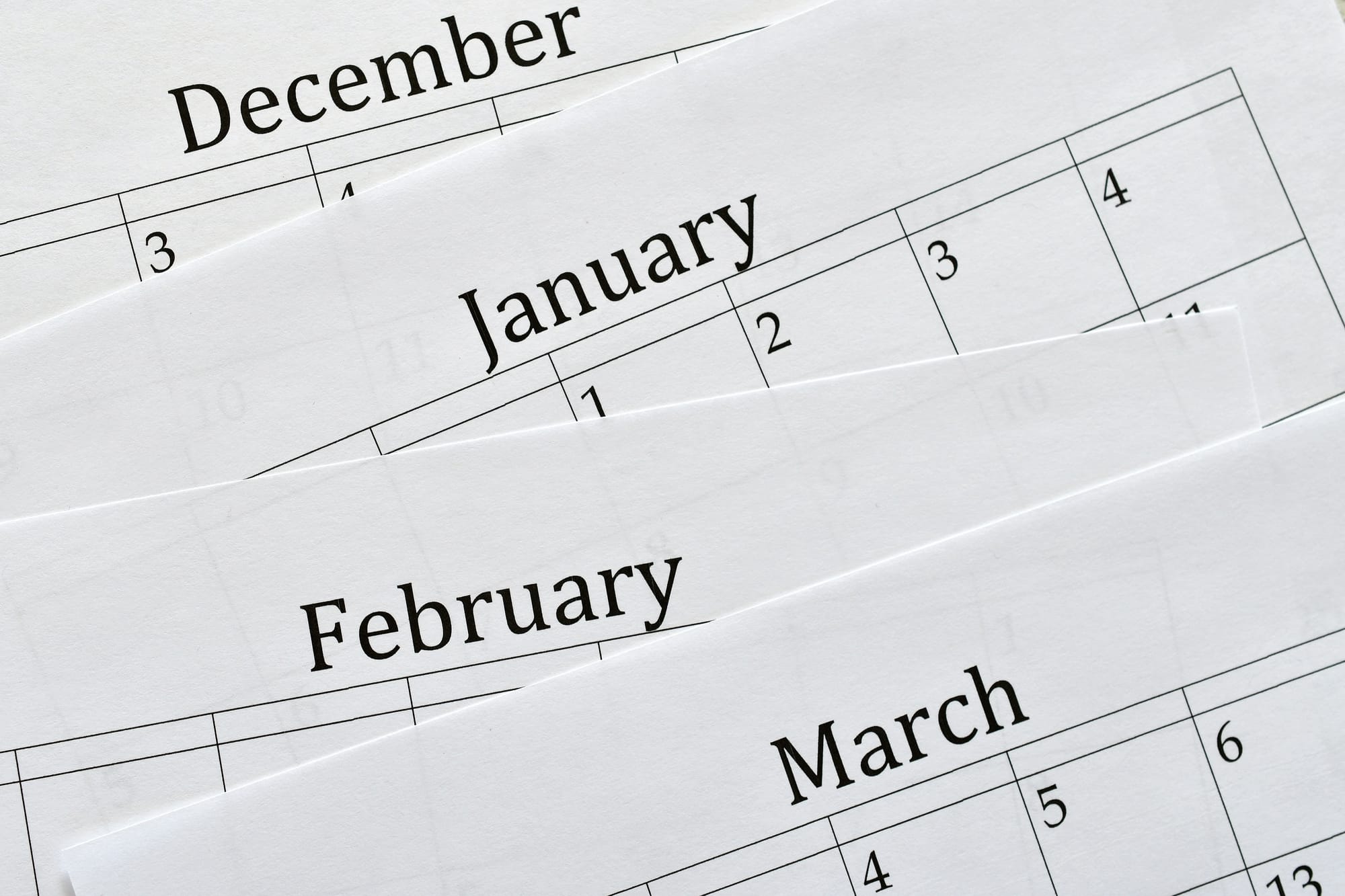 Monthly paper calendars from December-March